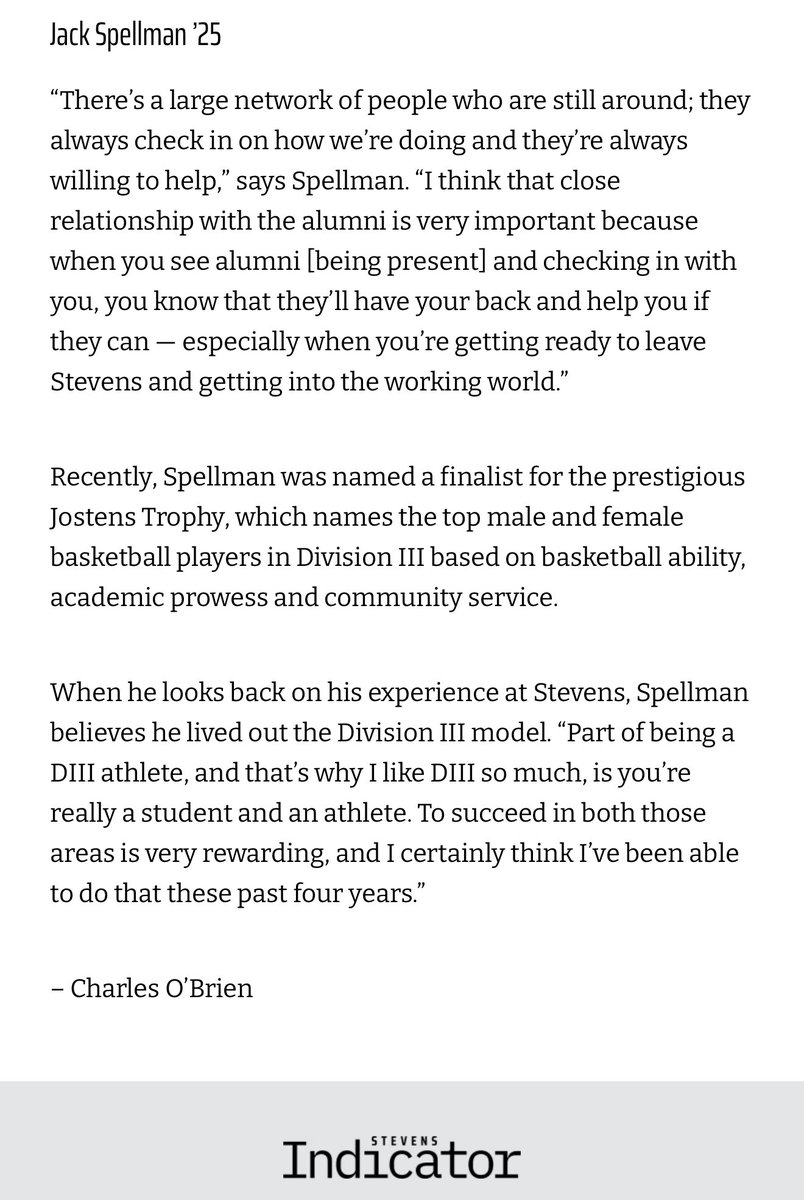 Some great words to close out a great career about his experience and outlook on Stevens from Jack Spellman.

Source: Stevens Indicator/Charles O’Brien