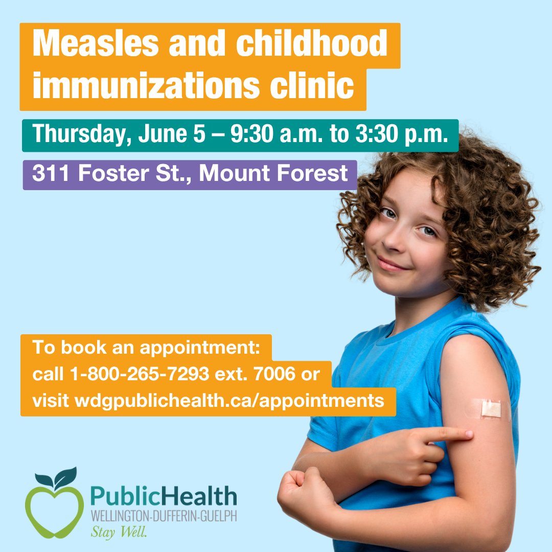 🦠 Protect your child from measles and other serious illnesses!

📅 Measles and Childhood Immunizations Clinic on Thursday, June 5 from 9:30 a.m. to 3:30 p.m. at 311 Foster St., Mount Forest.

📞 Book your appointment: 1-800-265-7293 ext. 7006
💻 Or visit: wdgpublichealth.ca/appointments