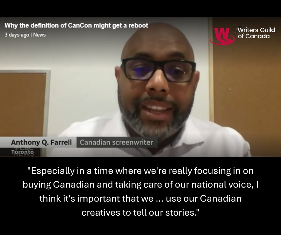 Don’t miss: WGC member Anthony Q. Farrell wants Canadian creatives to tell Canadian stories. Watch him in this CBC News video on why the rules around Canadian content (CanCon) matter more than ever. #CDNscreenwriters #CanadianContent #CanCon #CRTC
cbc.ca/player/play/vi…