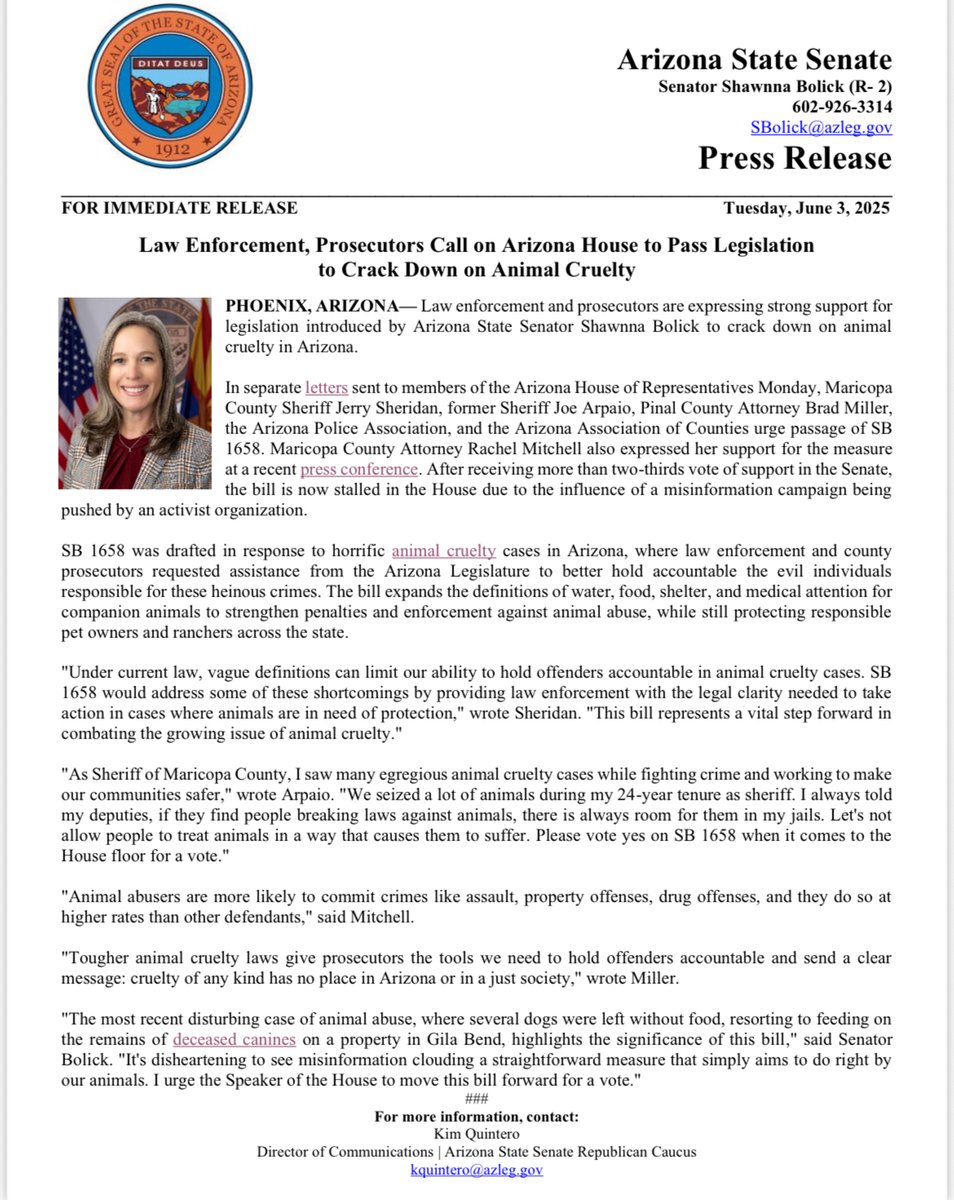 AZSenateRepublicans (@azsenategop) on Twitter photo 🚨FOR IMMEDIATE RELEASE: Law Enforcement, Prosecutors Call on Arizona House to Pass Legislation to Crack Down on Animal Cruelty
<a href="/ShawnnaLMBolick/">Shawnna LM Bolick</a>
Full Press Release: azsenaterepublicans.gov/post/law-enfor… 🚨FOR IMMEDIATE RELEASE: Law Enforcement, Prosecutors Call on Arizona House to Pass Legislation to Crack Down on Animal Cruelty
<a href="/ShawnnaLMBolick/">Shawnna LM Bolick</a>
Full Press Release: azsenaterepublicans.gov/post/law-enfor…