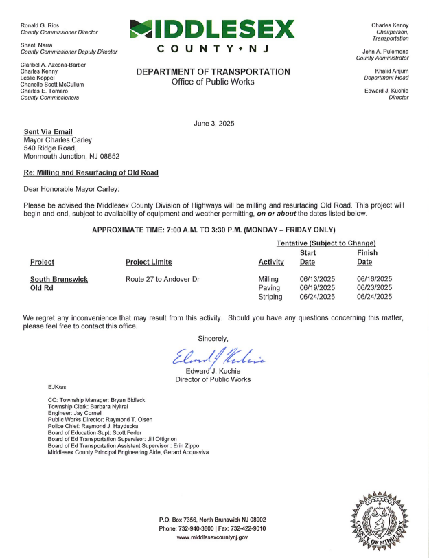 SoBrunswickTwp's tweet image. Notice From Middlesex County Department of Transportation
๐ง Milling & resurfacing work is scheduled on Old Road from June 13th to June 24th, 7AMโ3:30PM Monday-Friday. Please plan alternate routes and drive with caution. ๐ Thank you for your patience! #RoadWork #TrafficAlert