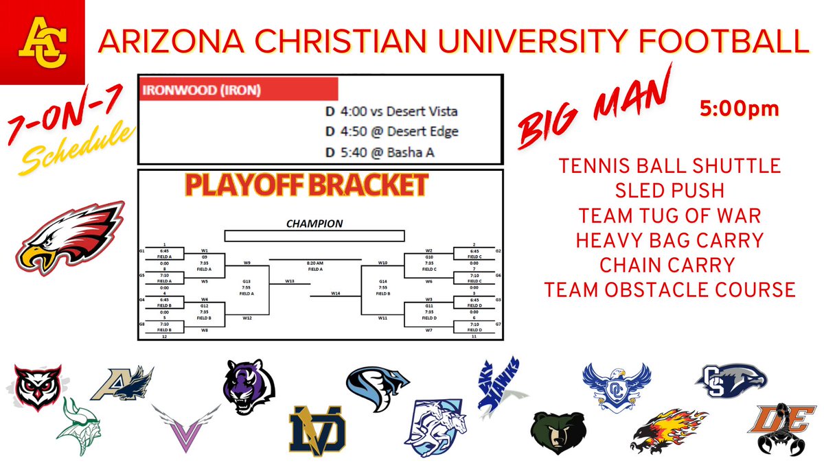 The <a href="/IronwoodFball/">Ironwood Eagles Football</a>  are rolling into <a href="/firestormfb/">ACU Football 🔥</a> later today to showcase our 7-on-7 skills and dominate in the Big Man challenges! 💪🏈 We know the competition will be tough—but we're tougher. 

Let’s show them what Eagle Pride is all about! LET’S DO THIS! 🦅🔥

<a href="/CoachStillings/">Tony Stillings</a>