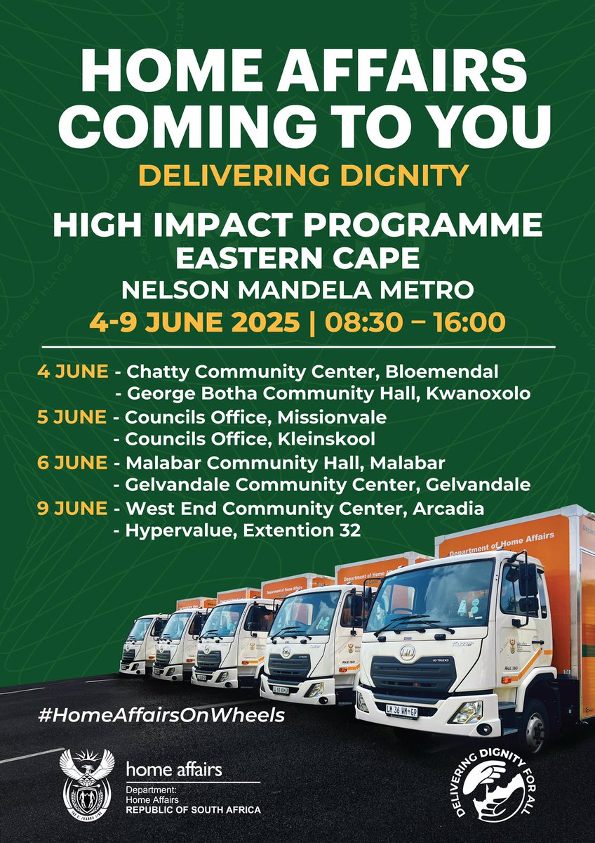Home Affairs will be in the Northern Areas in Gqeberha in the Eastern Cape from 4-9 June 2025 #HomeAffairsOnWheels #TeamHomeAffairs