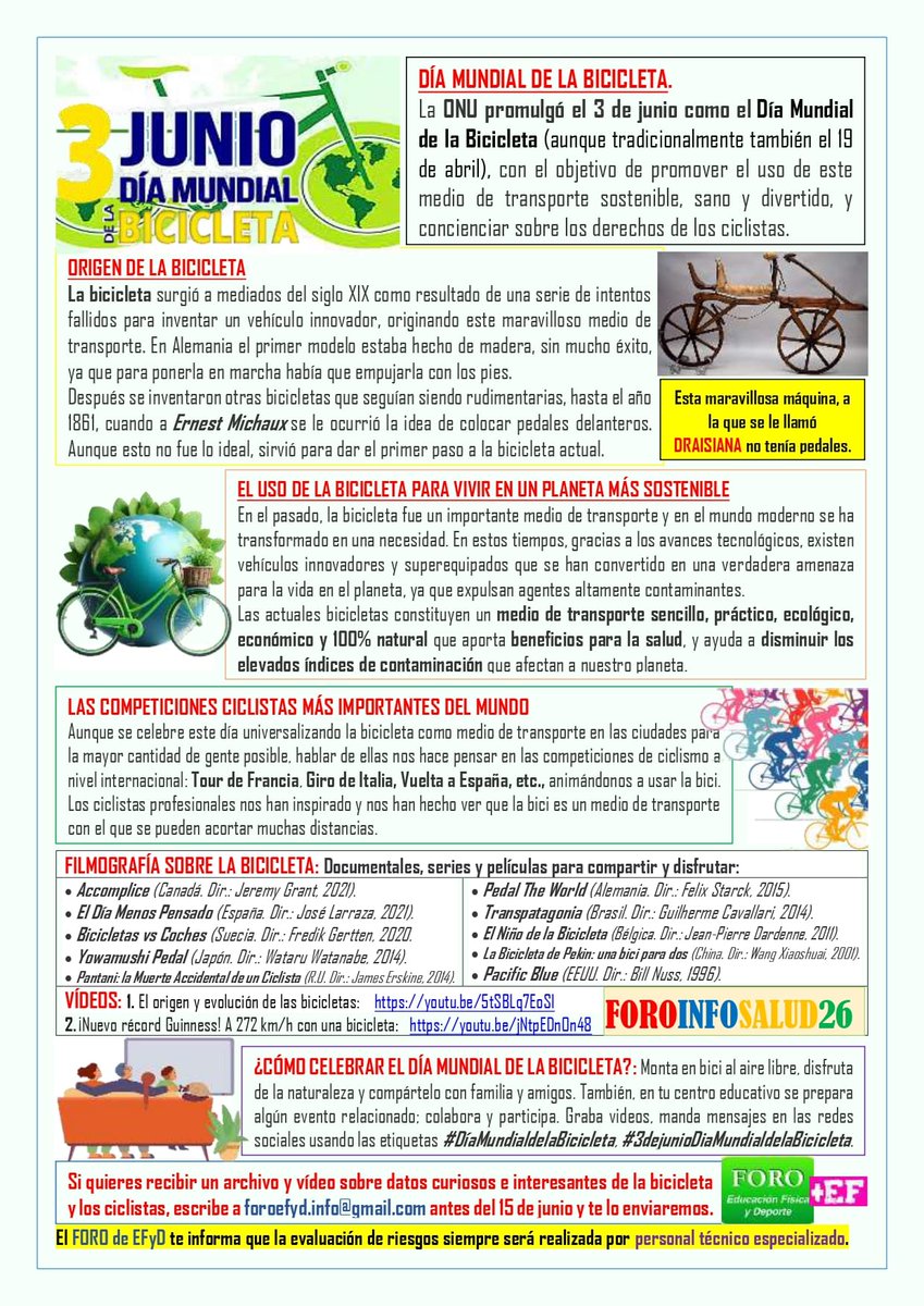 Hoy se está conmemorando el DÍA MUNDIAL DE LA BICICLETA 🚴‍♀️ Desde el FORO y a través de las fichas de 'FOROINFOSALD26', queremos resaltar y divulgar los beneficios para la Salud y el Medio Ambiente en su utilización.🌍🌈🫶
¡CUIDARTE ES LO MÁS NATURAL!💓