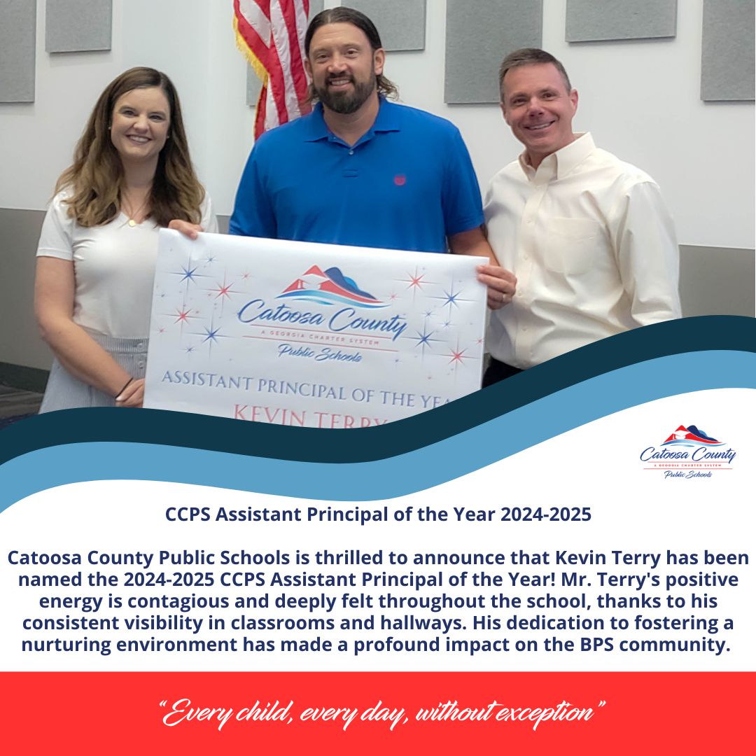 Catoosa County Public Schools is thrilled to announce that Kevin Terry has been named the 2024-2025 CCPS Assistant Principal of the Year! Mr. Terry's positive energy is contagious and deeply felt throughout the school.  #ECEDWE #Outstanding #Leadership