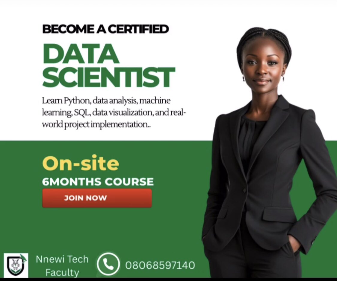nnewitech's tweet image. Join Nnewi Tech Faculty and become a Certified Data Scientist in just 6 months no experience needed! Learn Python, Machine Learning, SQL, and more.  #futureintech #LearnTechToday #techskillsthatpay #nnewitech