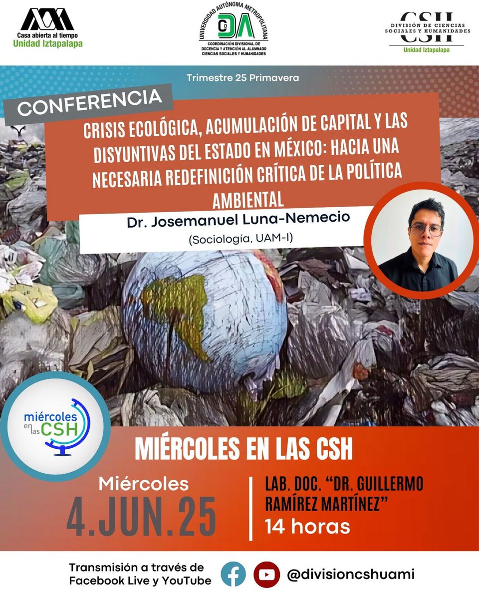 Josemanuel Luna-Nemecio (@josmaluna) on Twitter photo Este 4 de junio, 14 h, en la <a href="/UAM_Iztapalapa/">UAM Iztapalapa</a> hablaré sobre crisis ecológica, renta tecnológica, renta natural, renta de la devastación ambiental y renta por la transición ecológica.
Transmisión en vivo: <a href="/divisioncshuami/">División CSH UAMI</a>
#EcologíaPolítica #MiércolesEnLasCSH Este 4 de junio, 14 h, en la <a href="/UAM_Iztapalapa/">UAM Iztapalapa</a> hablaré sobre crisis ecológica, renta tecnológica, renta natural, renta de la devastación ambiental y renta por la transición ecológica.
Transmisión en vivo: <a href="/divisioncshuami/">División CSH UAMI</a>
#EcologíaPolítica #MiércolesEnLasCSH