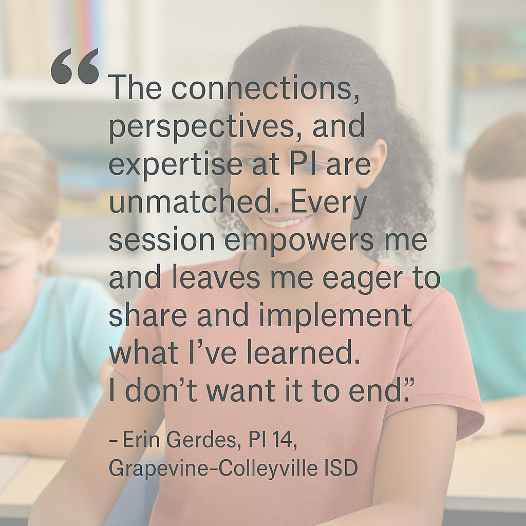 N2Learning's tweet photo. Erin Gerdes, PI 14, @GCISD, shares her Principals' Institute experience:
🌟 "The connections, perspectives, and expertise at PI are unmatched. Every session empowers me and leaves me eager to share and implement what I’ve learned. I don’t want it to end!"

Join the journey! https://t.co/WQL6MHksJJ