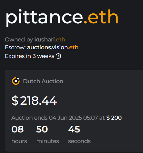 aetheravalanche's tweet photo. EXCLUSIVE OFFER
Pittance.eth 200$ only on @ensvision Prepunk name listing on AUCTION !🔥🔥🌠🍀🍀🍀🍀
#ENS #Web3 #ensdomains $ENS #Prepunk #pittance https://t.co/CHJd5zKz0B