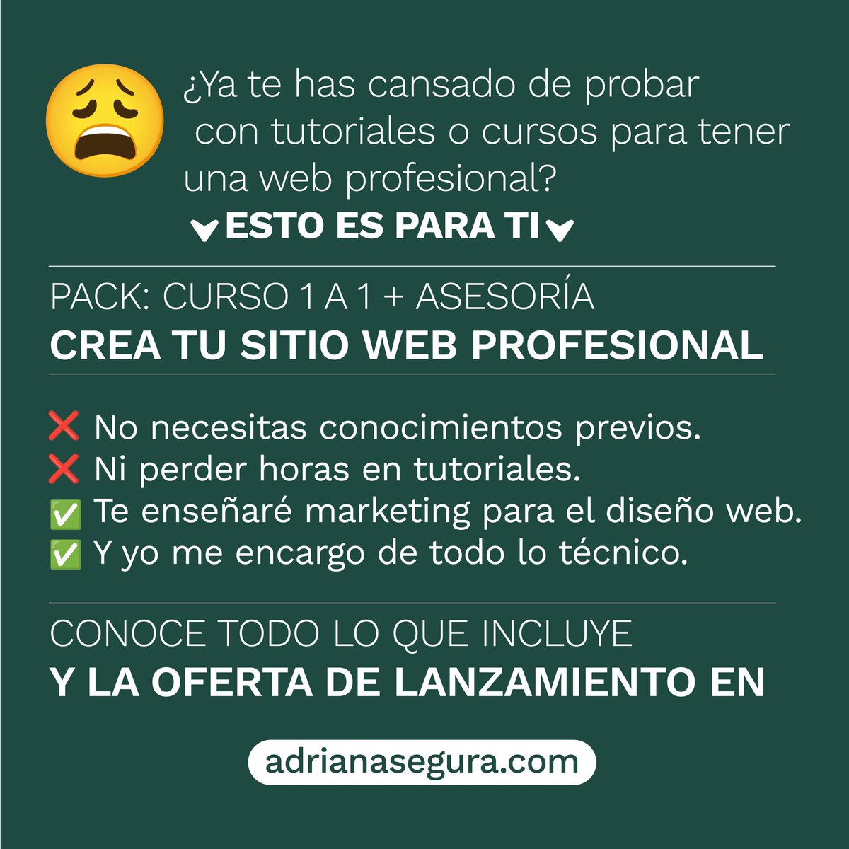 👩🏻‍🎓👨🏻‍🎓 Ideal si eres #terapeuta #odontólogo #abogado u otro #profesionalindependiente que ofrece servicios
Pack: Curso 1 a 1 + asesoría
CREA TU SITIO WEB PROFESIONAL
🚨 Disponibilidad súper limitada porque el horario se coordina según tu agenda y la mía. 
📆 Promo hasta el 30-junio