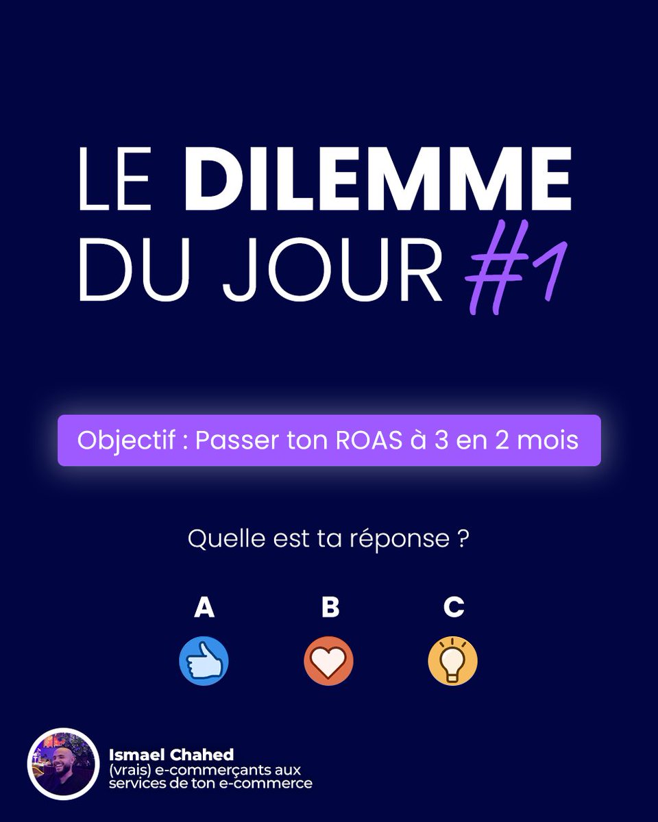 Parfois, pour scaler, faut faire un vrai choix.
Ta situation :
→ Ton produit vend bien
→ Mais ton ROAS stagne à 2
→ T’as tout testé côté ads

Objectif : ROAS à 3, sans doubler le budget.

Tu fais quoi ?
A : Booster les ads : nouvelles créas, vidéos pros, + de tests
B : Miser