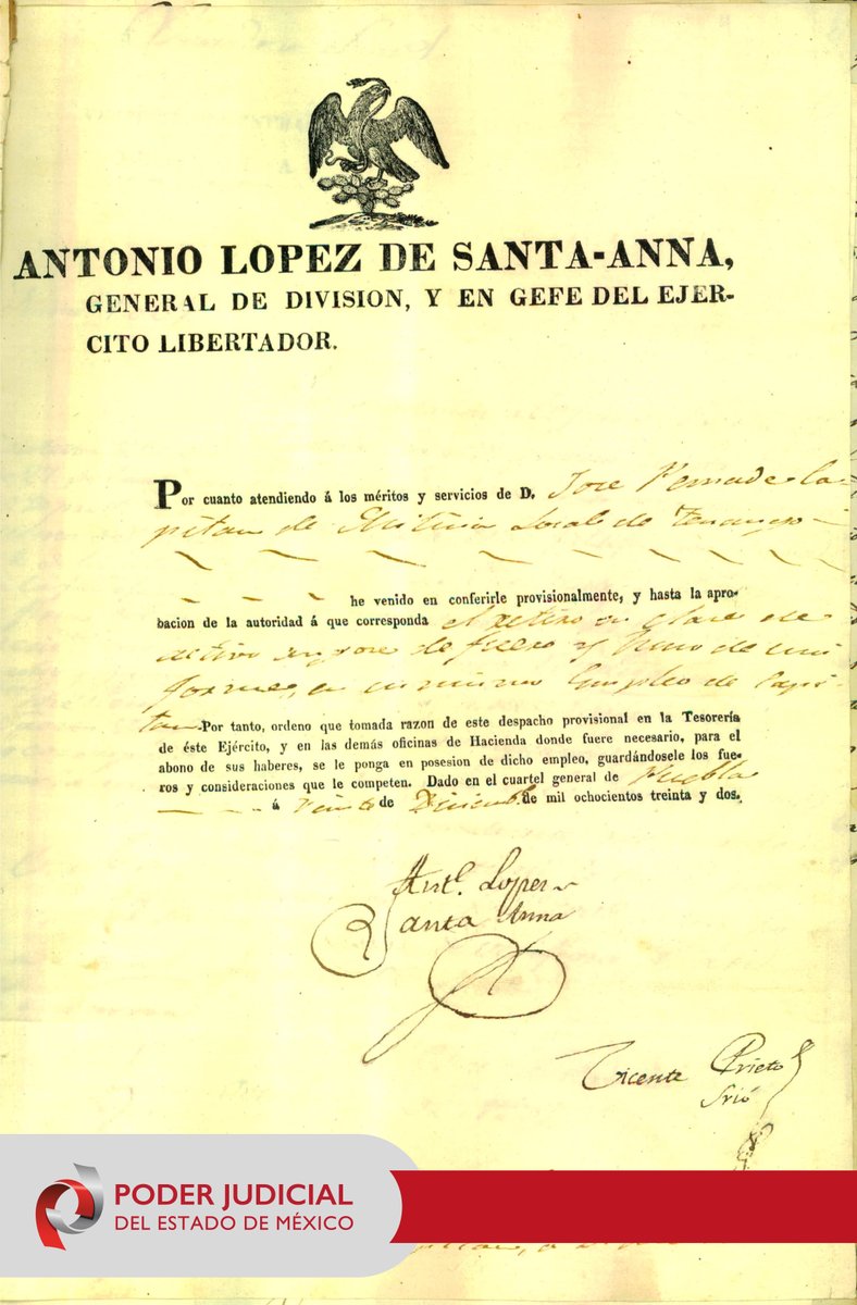 PJEdomex's tweet photo. 📜#ArchivoHistórico #PJEdomex
José María Pamade solicitó a la Secretaría de Guerra la revalidación de un supuesto nombramiento firmado por el mismísimo Antonio López de Santa Anna, General de División y jefe del Ejército Libertador. El documento, sin embargo, resultó falso: la firma tenía trazos a lápiz y la del secretario Vicente Prieto también era apócrifa. El Juez de Primera instancia de Tenango del Valle recibió una orden del Gobernador del Estado de México, para iniciar un juicio por falsificación.
