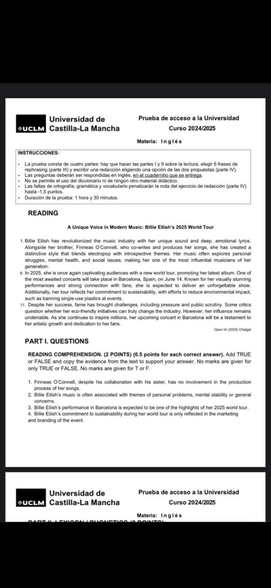 BillieSociety's tweet photo. Billie has been used in a question for Spain’s biggest university entrance exam - the Pruebas de Acceso a la Universidad (PAU)🤩 https://t.co/1sdiIUNvwn