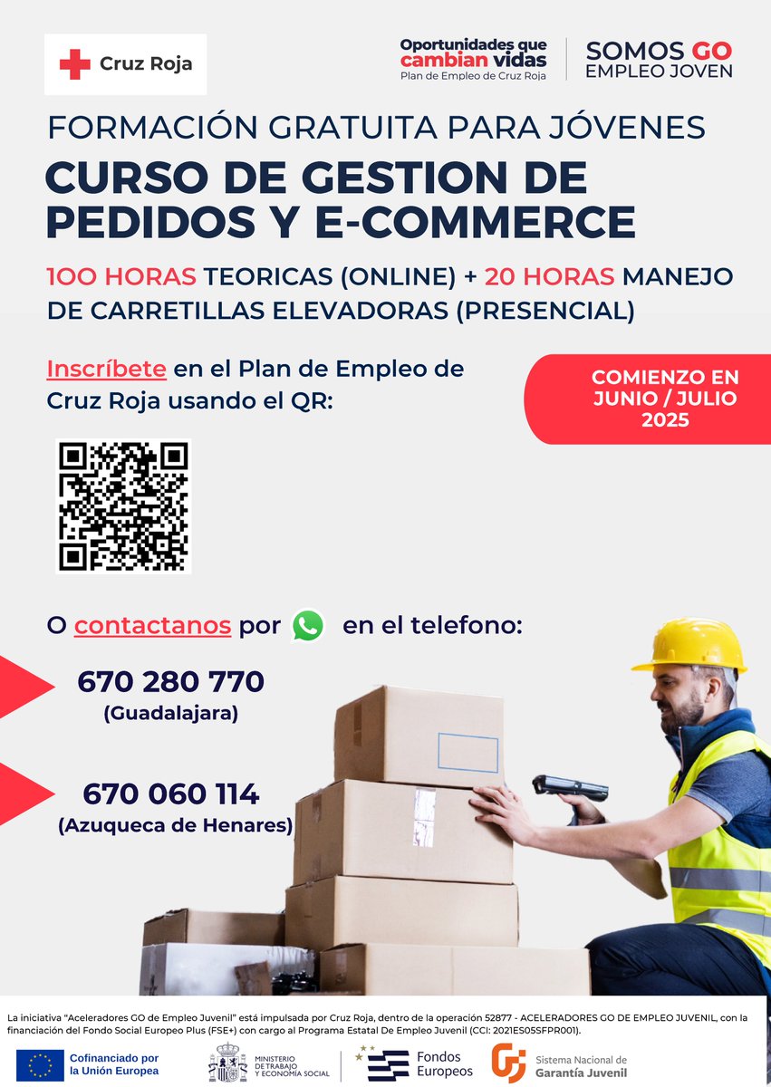 CruzRojaGuada's tweet photo. NUEVO curso gratuito de Gestión de Pedidos y E-commerce: 100 h online + 20 h presenciales de manejo de carretillas. Prácticas en empresas.
🔗 Inscripciones: https://t.co/i5l7D3KI8r
ℹ️ Info: 670 060 114 / 670 280 770
#EmpleoJuvenil #Logística #AceleradoresGO #PlandeEmpleoCruzRoja https://t.co/GYJtZc82Cg