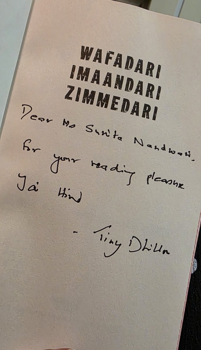 SunitaNandwani3's tweet photo. Honoured to receive an autographed copy of Wafadari. Imaandari. Zimmedari from Lt. Gen. Tiny Dhillon @TinyDhillon
After KGAKGG, this book once again reflects the spirit of a true soldier—loyalty, integrity & responsibility.
#TinyDhillon #IndianArmy #WafadariImaandariZimmedari https://t.co/U6kcuTXODx