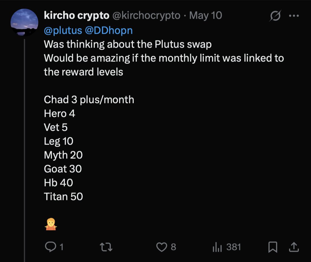 Your feedback helps—we listened.
PlutusSwap on Reward Levels this August.
Details next week.

P.S. Limits will be higher than suggested. 👇🏼