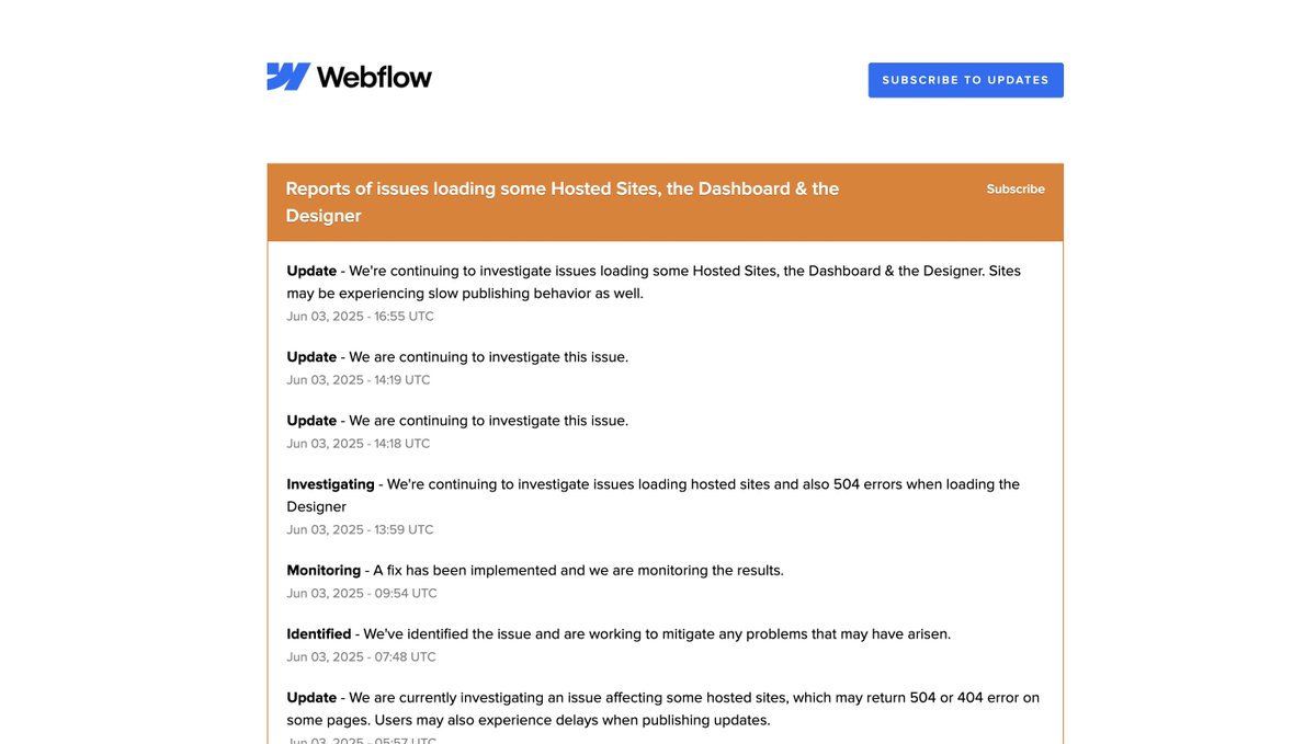 Lovely. Just Webflow failing so badly that our site is unreachable for 9+ hours. Definitely don't need our homepage or anything, no biggie take your time.

In the intermittent times when their editor loads, I can republish and our site comes back for a bit.