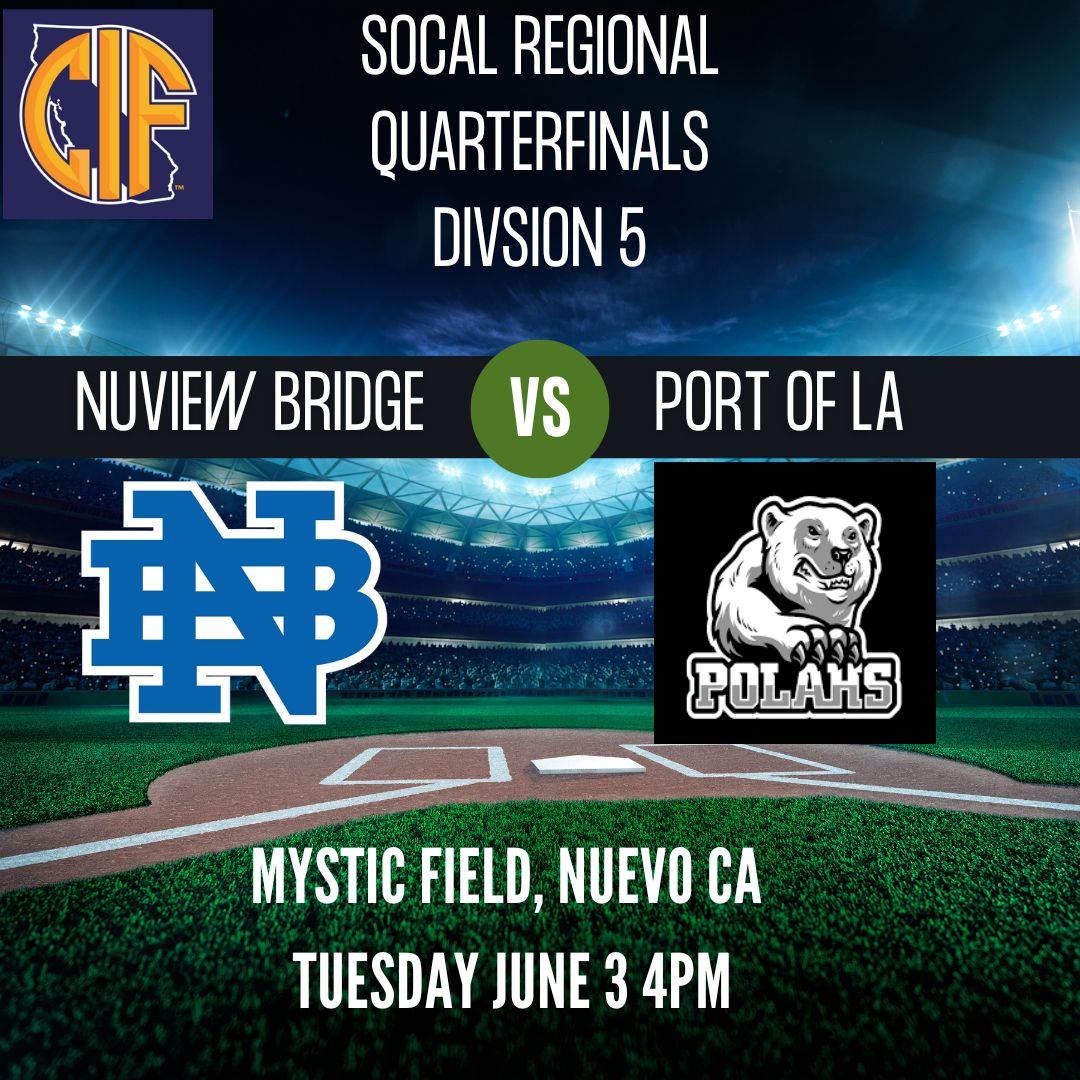 bballcoachd's tweet photo. Gameday! The CIF-SS D9 Champions Nuview Bridge take on the CIF-LACS D2 Champs Port of LA Polar Bears in the SoCal Regional today! 1st pitch is 4pm at Mystic Field. #IAGDTBAK #defendthebridge @IE_Baseball_HQ @Inland_Sports @IE_Varsity @CallMeEPJ @derryl_golfer @latsondheimer https://t.co/oLgNSRlAnN