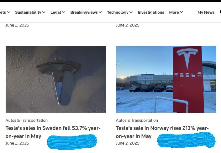 ALeRizenkovs's tweet photo. Me, on brunettes &amp; blondes, Sweden &amp; Norway, expert analysis, mass thinking, Tesla, in LinkedIn post 
-- with p-screen from Reuters, Jun 03, 2025 
#premiumcars #luxurycars #electrified #electrifiedcars https://t.co/p48mUR2rGU