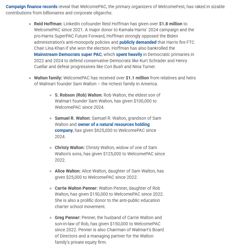 revolvingdoorDC's tweet image. NEW: Who's backing WelcomePAC, the centrist group hosting this week's Abundance-themed WelcomeFest?
FEC records reveal big donations from tech baron Reid Hoffman, ultra-wealthy Walmart heirs, Michael Bloomberg, and Heather Manchin's advocacy group.
