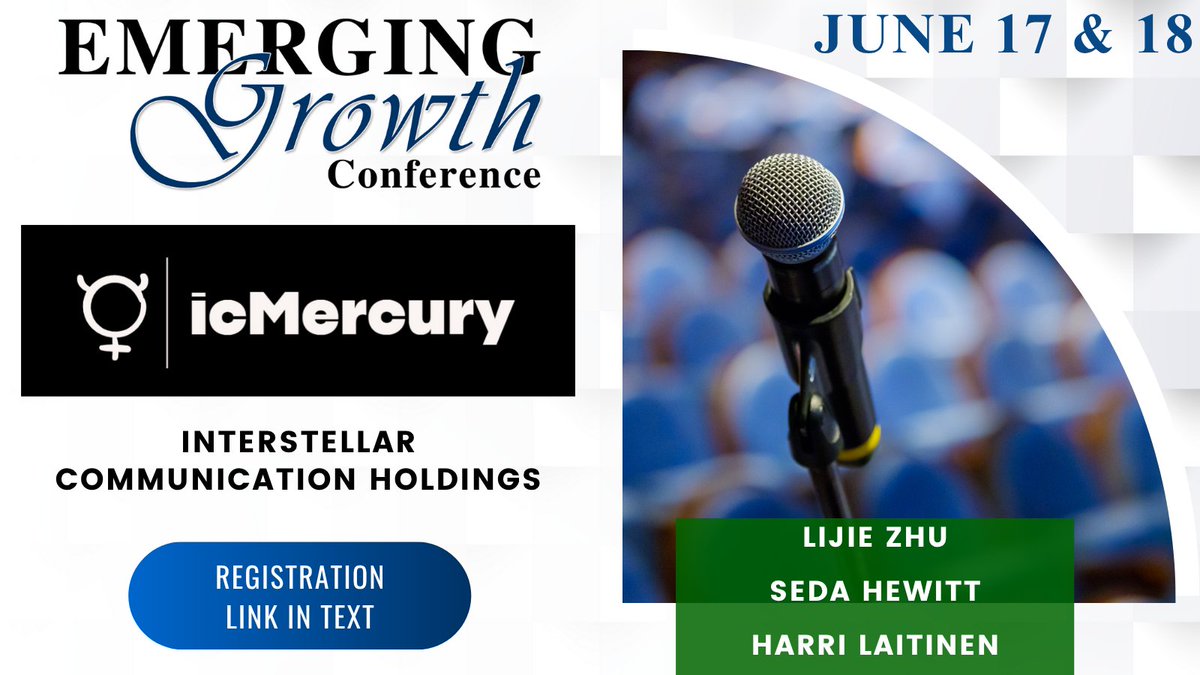 Emerging Growth Conference (@emerginggrowthc) on Twitter photo IC_Mercury Live Emerging Growth Conference 83 - June 17 & 18
<a href="/ic_mercury/">icMercury</a>
Register:
goto.webcasts.com/starthere.jsp?…
Questions for the Company? Questions@EmergingGrowth.com
To Present:
305-330-1985
Conference@EmergingGrowth.com IC_Mercury Live Emerging Growth Conference 83 - June 17 & 18
<a href="/ic_mercury/">icMercury</a>
Register:
goto.webcasts.com/starthere.jsp?…
Questions for the Company? Questions@EmergingGrowth.com
To Present:
305-330-1985
Conference@EmergingGrowth.com