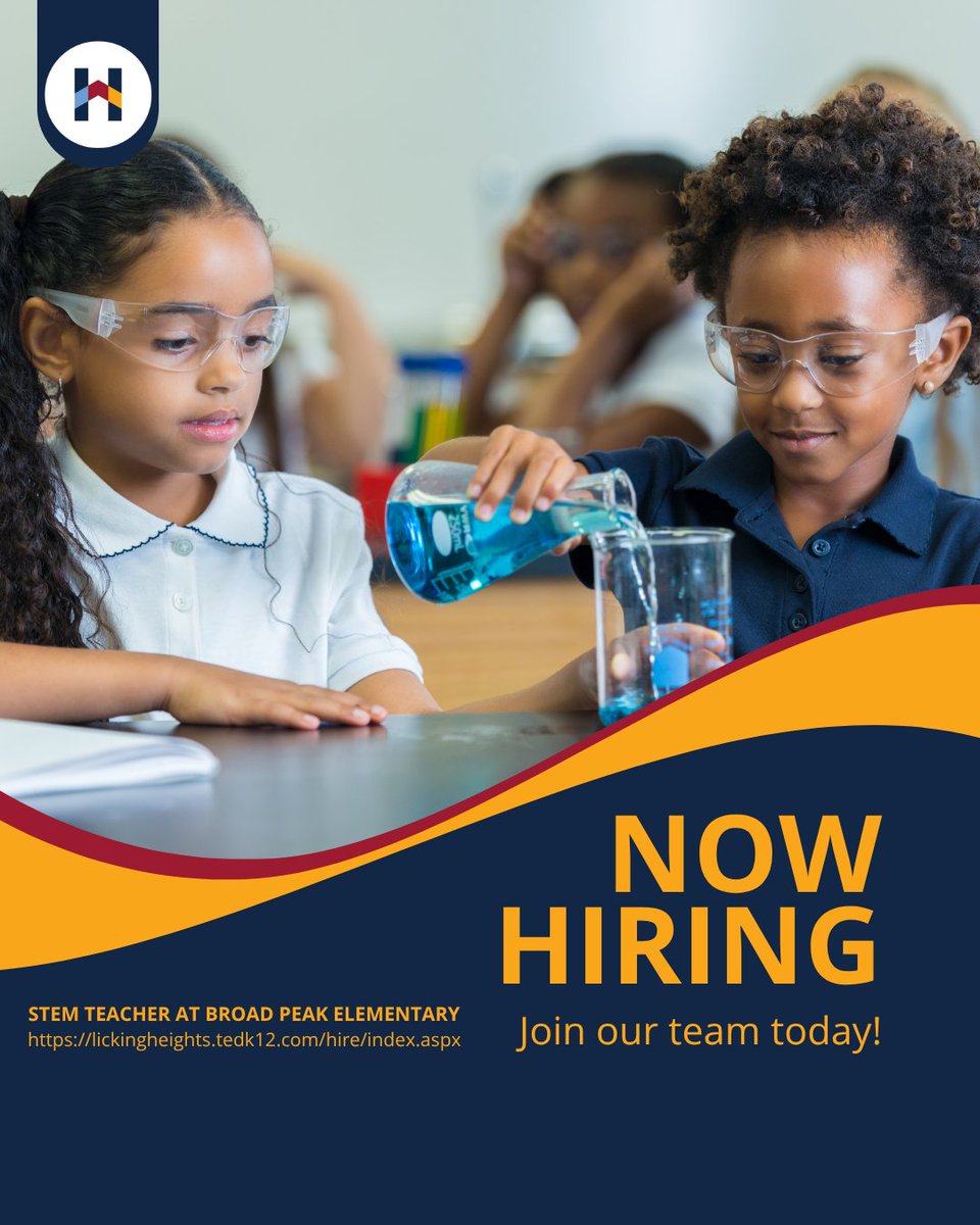 🧑‍🔬 We’re hiring! Licking Heights Schools is hiring a STEM Teacher at Broad Peak Elementary for the 2025-2026 school year! For more information or to apply, click here ➡️ lickingheights.schoolspring.com. We look forward to having you join our team! 🐝 #HornetsTakeFlight