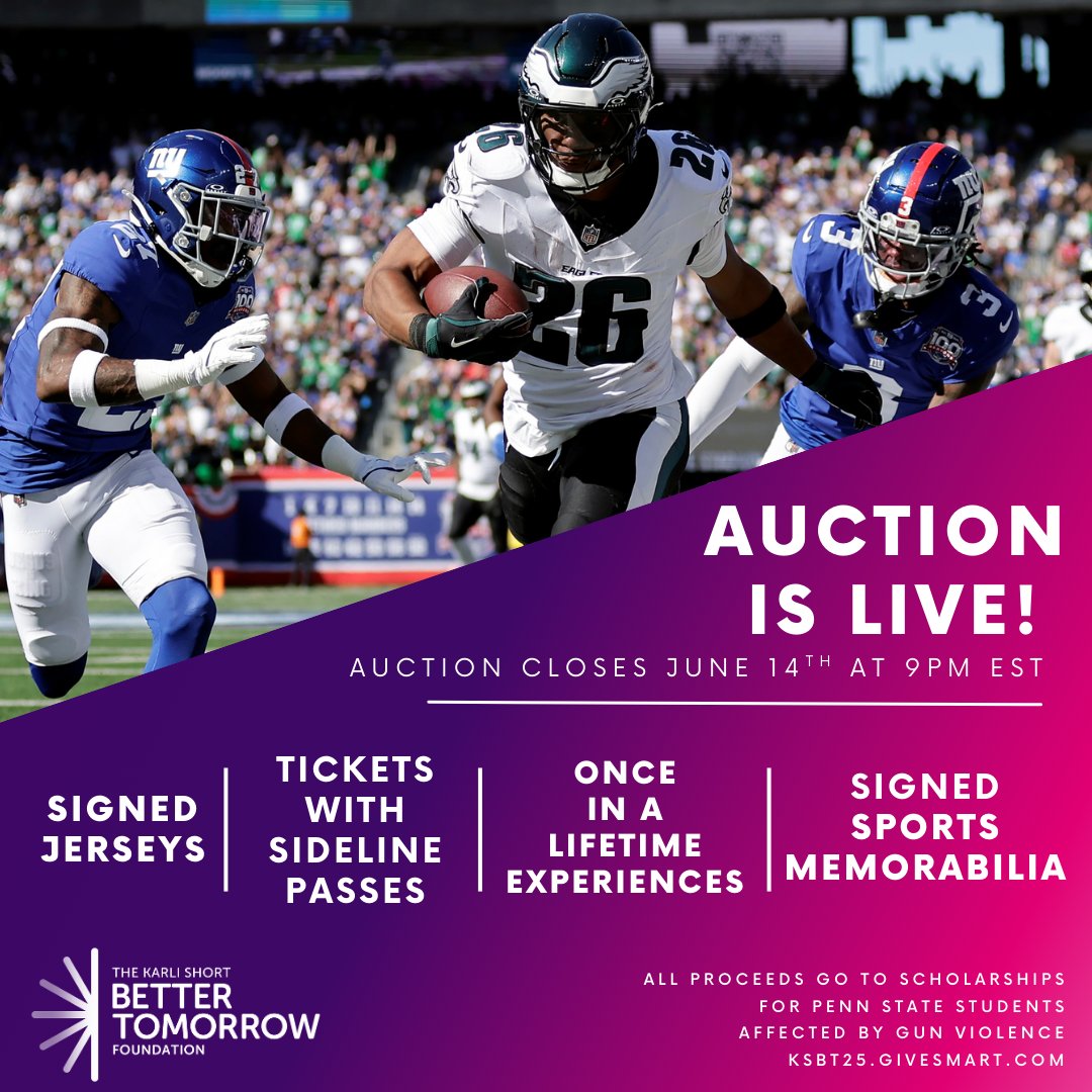 Karli Short Better Tomorrow Foundation (@ksbtfoundation) on Twitter photo โญ๏ธ KSBT25.givesmart.com โญ๏ธ
Don't miss out on the opportunity to bid on phenomenal auction items and unique experiences from <a href="/PennStateFball/">Penn State Football</a>, <a href="/eagles/">Philadelphia Eagles</a>, <a href="/giants/">New York Giants</a>, <a href="/steelers/">Pittsburgh Steelers</a>, and so much more!
Auction Items โก๏ธ KSBT25.givesmart.com
<a href="/brandonshort43/">Brandon Short</a> โญ๏ธ KSBT25.givesmart.com โญ๏ธ
Don't miss out on the opportunity to bid on phenomenal auction items and unique experiences from <a href="/PennStateFball/">Penn State Football</a>, <a href="/eagles/">Philadelphia Eagles</a>, <a href="/giants/">New York Giants</a>, <a href="/steelers/">Pittsburgh Steelers</a>, and so much more!
Auction Items โก๏ธ KSBT25.givesmart.com
<a href="/brandonshort43/">Brandon Short</a>