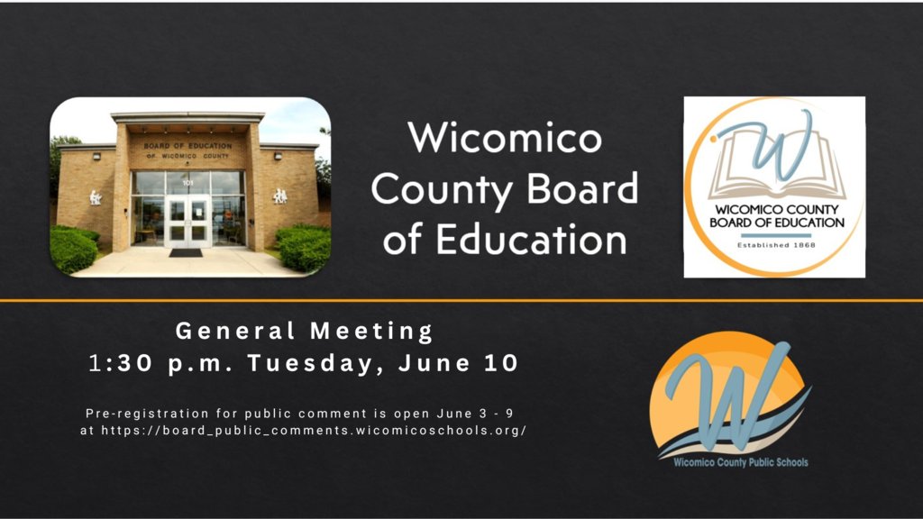 The next monthly meeting of the Wicomico County Board of Education is scheduled for 1:30 p.m. Tuesday, June 10th in the Board of Education Auditorium at 101 Long Ave., Salisbury.  The agenda will be available  on Friday at go.boarddocs.com/mabe/wcboe/Boa…