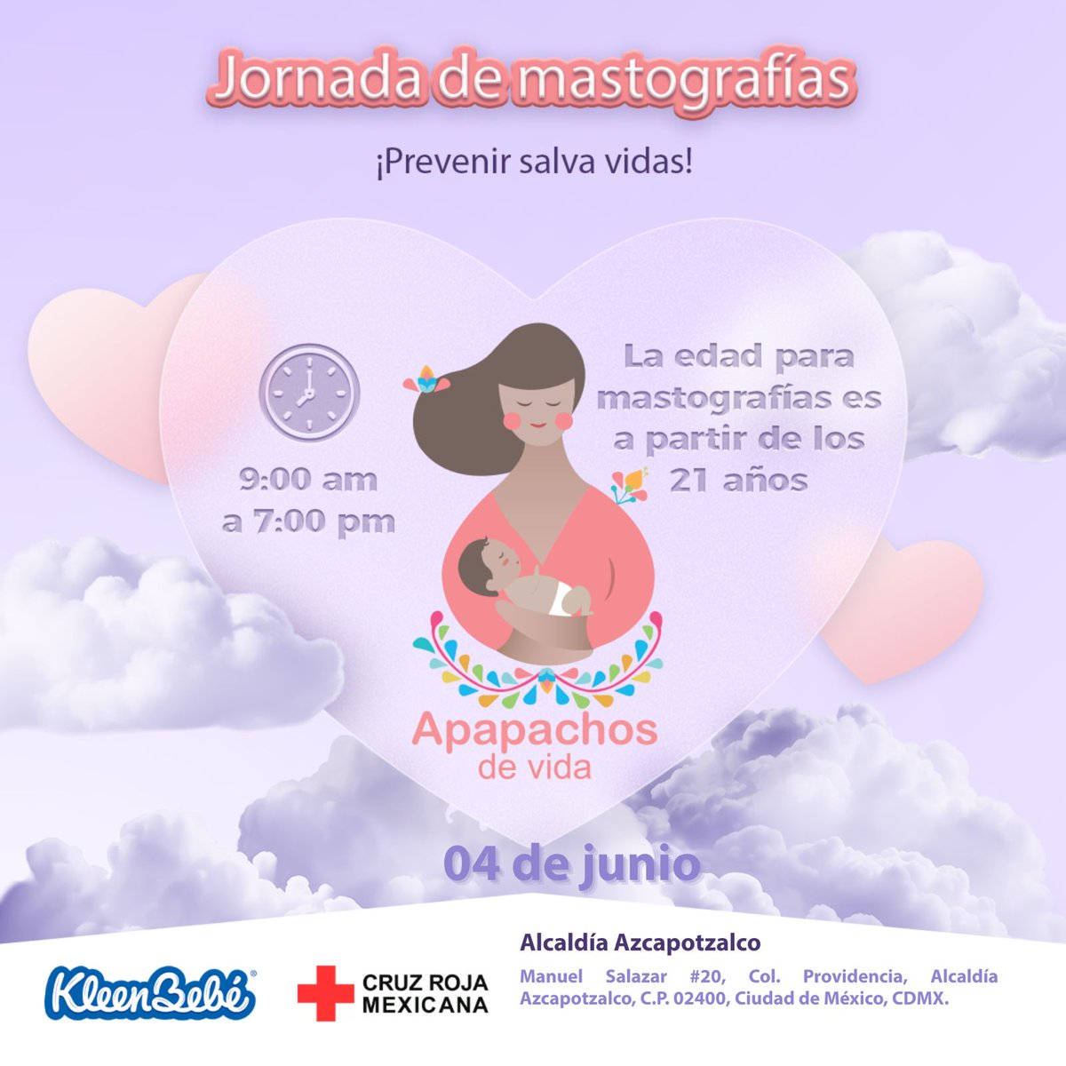 🎗️💖 Junto a KleenBebé, impulsamos el proyecto “Apapachos de Vida”, una iniciativa que promueve el cuidado y la detección oportuna del cáncer de mama a través de #mastografías gratuitas.

Agenda tu cita en #Azcapotzalco #CDMX: 
calendly.com/mastografiasin…

#CáncerDeMama