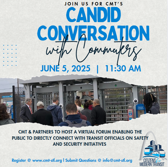 CMT_STL's tweet photo. 📢Don't miss Thursday's "Candid Conversation with Commuters." This event is your chance to hear directly from @STLMetro and @BiStateDev about ongoing safety and security measures: https://t.co/oCxP0HUAXn. Have a question for panelists? Send it in via email to info@cmt-stl.org. https://t.co/XtndEayQ44