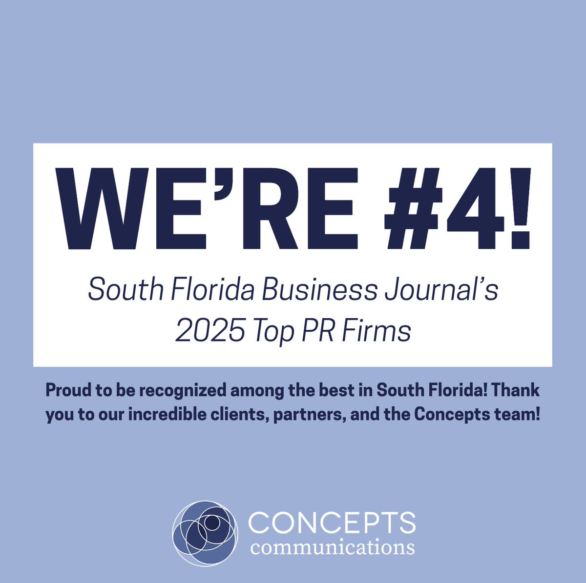 ConceptsComm's tweet image. Big news: Concepts is ranked #4 on the South Florida Business Journal’s list of top PR firms in 2025! Huge thanks to our amazing team and partners.

#ConceptsTeam #PR #SouthFlorida