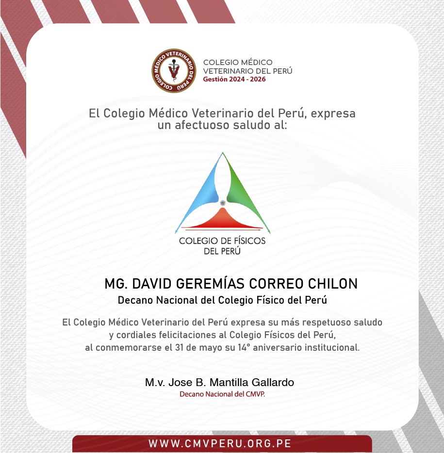 SALUDO INSTITUCIONAL AL COLEGIO FÍSICO DEL PERÚ POR SU ANIVERSARIO INSTITUCIONAL.
.
#colegiomedicoveterinariodelperu
#colegiofisicodelperu