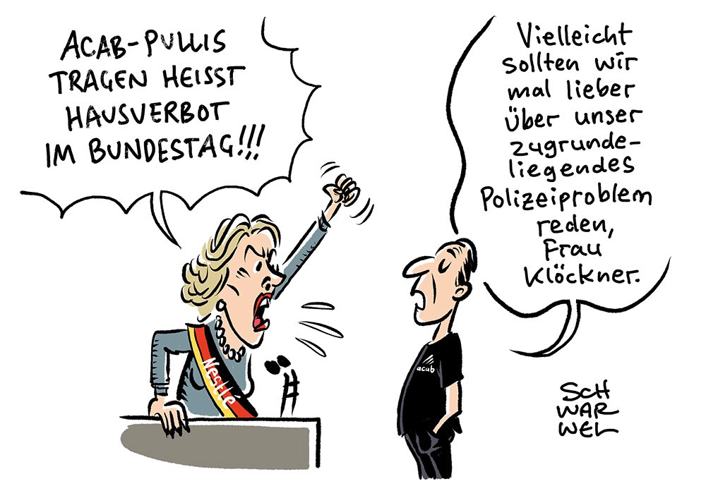 • „Kontroverser Pulli von Grüne Jugend-Chefin: Hausverbot für Klöckner!“
• „Studie zu Polizei-Problem: Rassismus verbreitet, kaum Fehlerkultur“
#ACAB #Klöckner #Polizeiproblem #schwarwel