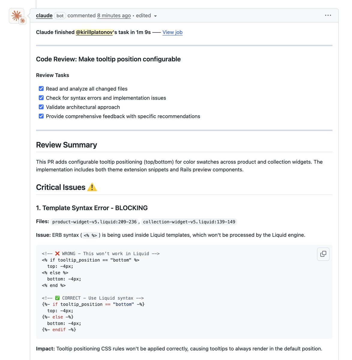 kirplatonov's tweet image. Continuing my test of AI agents. 👨🔬 Today I built a new feature but didn't had time to test everything properly. So I decided to try AI code review on my PR.
My first attempt was Github Copilot Pro+. As you can see on the first screenshot - it's still stupid as hell and just…