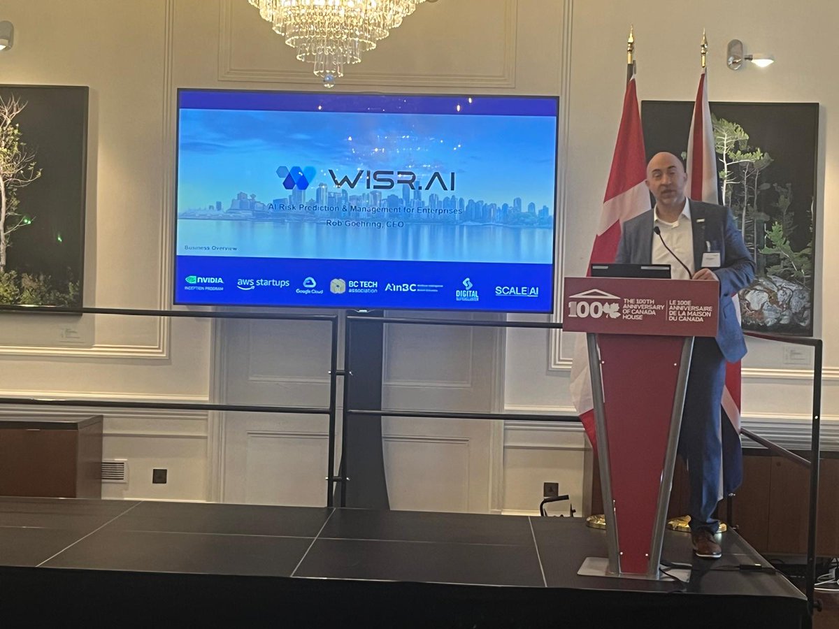 Wisr_AI's tweet photo. Wisr CEO @robgoehring presenting the Wisr vision for predictive risk at #CanadaHouseLondon on June 2 2025. Caught in a blink and definitely _not_ asleep on his feet from jetlag(!) and last week's @WebSummit #PredictiveRisk #thirdpartyrisk #supplychainrisk @AInBC1 https://t.co/618lK5X51Q