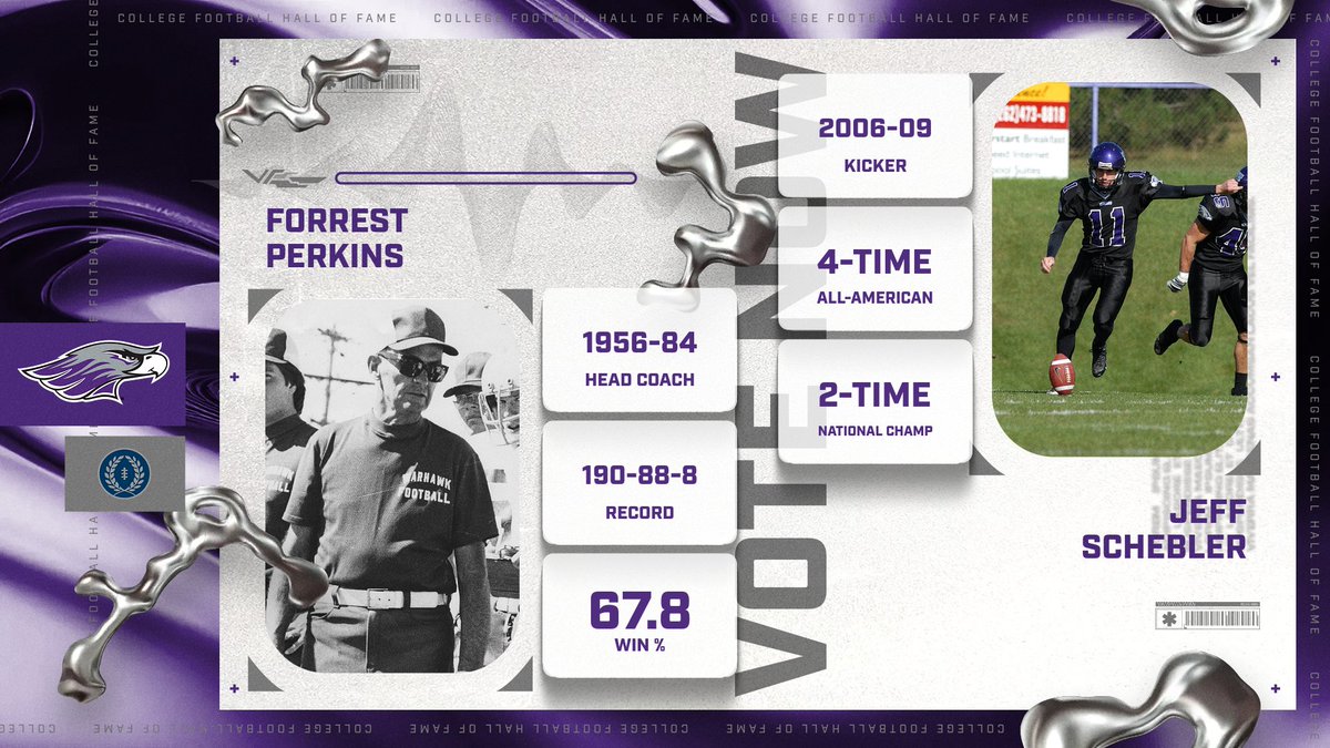 UWWAthletics's tweet image. Former Warhawk kicker Jeff Schebler and longtime Head Coach Forrest Perkins are on the 2026 College Football Hall of Fame ballot! Join the NFF and VOTE before July 1! bit.ly/4ks3NmO