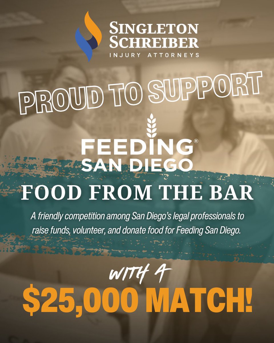 SingletonShreib's tweet image. Join us in supporting Feeding San Diego! Through June 30, Singleton Schreiber will match every dollar donated (up to $25,000). Your $1 = 4 meals for local families!

Let’s make a lasting impact.  Link in bio to donate.

#FoodFromTheBar #FeedingSanDiego #SingletonSchreiberCares