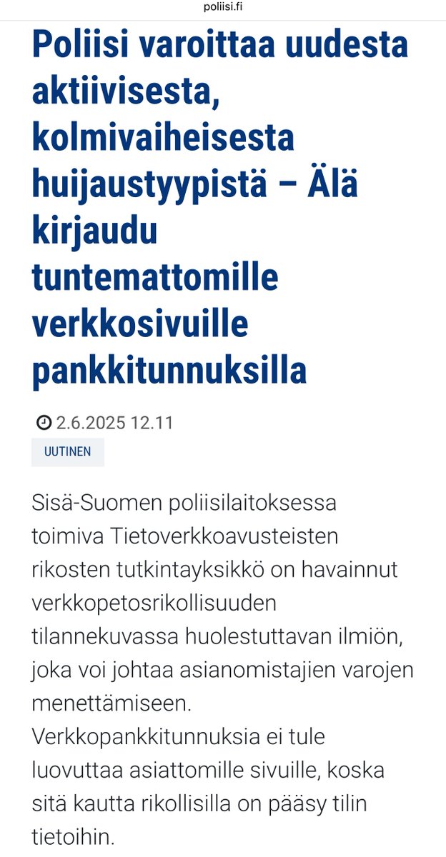 Kimmo Rousku (@kimmorousku) on Twitter photo đš TĂTĂ VIESTIĂ PITĂĂ NYT JAKAA! đš
đ Rikolliset onnistuvat nyt aivan liian usein â uusi kolmivaiheinen huijaus on erittĂ€in ovela ja aktiivinen!
đźââïž Suosittelen vahvasti lukemaan <a href="/SuomenPoliisi/">Suomen poliisi</a> varoituksen:
đ poliisi.fi/-/poliisi-varoâŠ
đŠčââïžNĂ€in huijaus etenee:
1ïžâŁ Saat đš TĂTĂ VIESTIĂ PITĂĂ NYT JAKAA! đš
đ Rikolliset onnistuvat nyt aivan liian usein â uusi kolmivaiheinen huijaus on erittĂ€in ovela ja aktiivinen!
đźââïž Suosittelen vahvasti lukemaan <a href="/SuomenPoliisi/">Suomen poliisi</a> varoituksen:
đ poliisi.fi/-/poliisi-varoâŠ
đŠčââïžNĂ€in huijaus etenee:
1ïžâŁ Saat