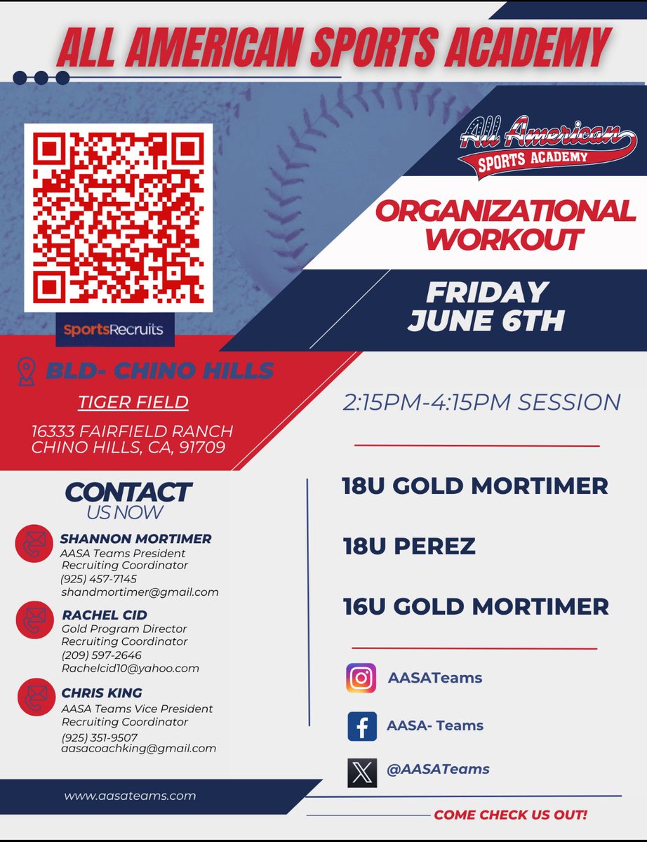 AASA_16UGold's tweet photo. Come check out All American Sports Academy 16U Gold at @triplecrownspts #zoomintojune. We’ll be at BLD Chino Hills this Friday for our org workout. https://t.co/1849Epli9H