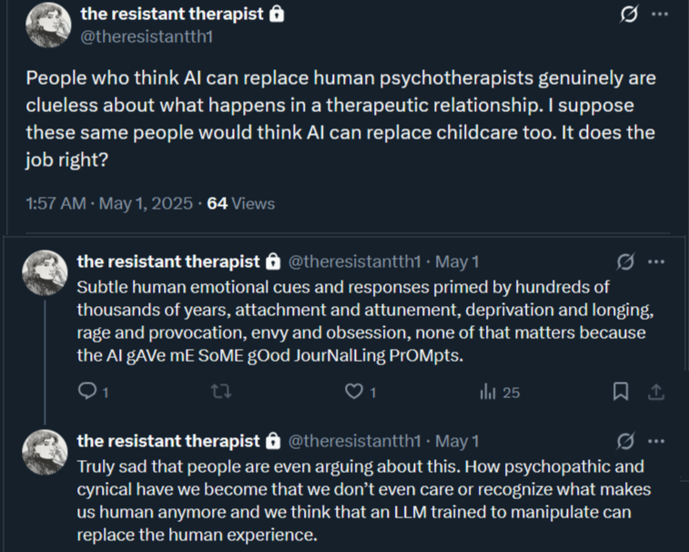 AI has no mind/heart/soul. It is incapable of empathy, compassion, imagination, or intuition. It has no life experience. It cannot feel.

It is just a simulation of a human being. It cannot care. It does not "hallucinate". If it generates incorrect data it is just malfunctioning.
