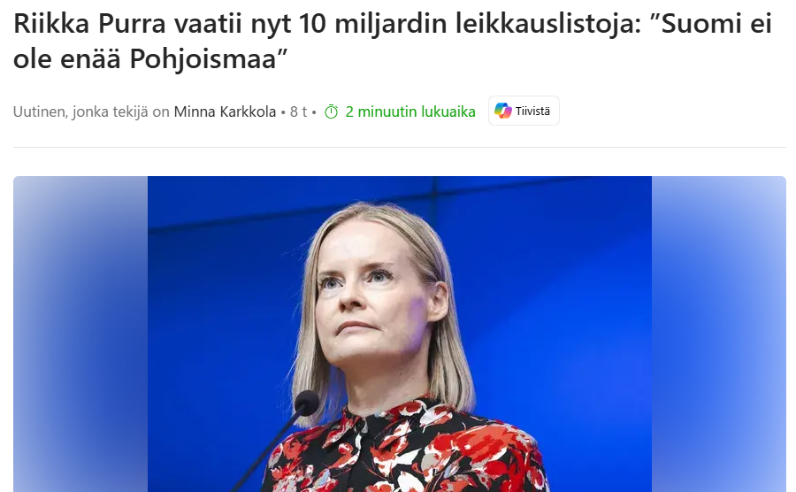 pbyrokraatti's tweet photo. Olen valmis kutsumaan valtiovarainministeri Riikka Purraa @ir_rkp Suomen vastuullisimmaksi poliitikoksi. Ei populismia, ei pelkoa seuraavista vaaleista. Rehellistä puhetta Suomen ahdingosta ja rohkeasti pöytään se ainoa korjausliike, joka meidät voi vielä pelastaa.

Hattu päästä.

---

Riikka Purra vaatii nyt 10 miljardin leikkauslistoja: ”Suomi ei ole enää Pohjoismaa”
https://t.co/PBLQYTFYyU