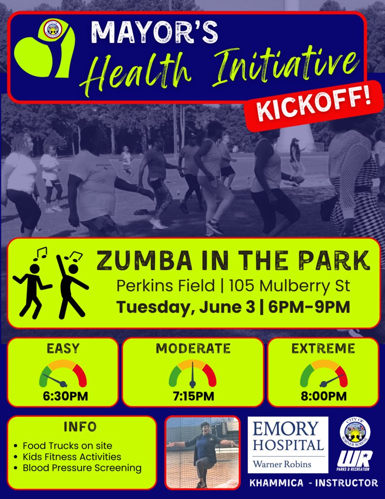 Tonight is the Mayor’s Health Initiative Kickoff with  Zumba in the Park! Join us at Perkins Field (105 Mulberry St) from 6 PM – 9 PM TONIGHT – Tuesday, June 3. Enjoy health vendors, food trucks, and family activities.  See you there!