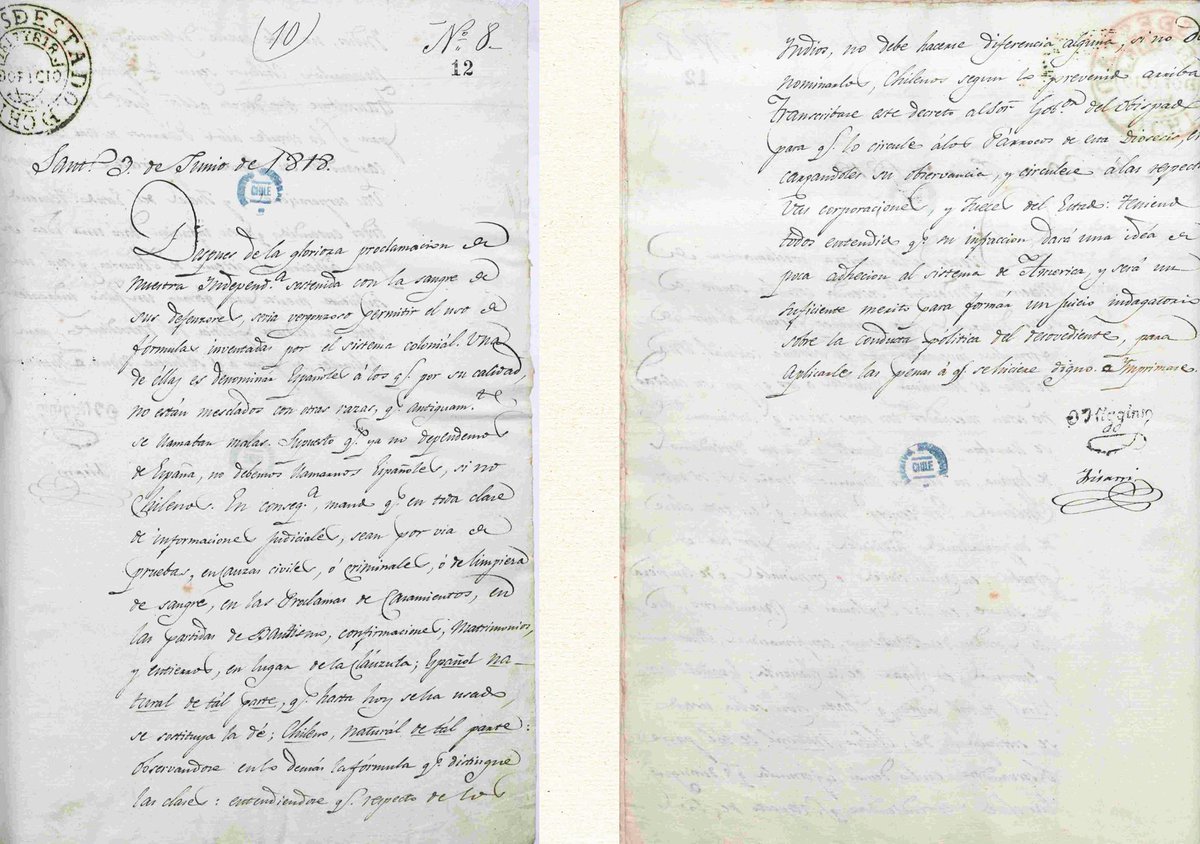 Un día como hoy, hace 207 años, el director Supremo Bernardo O'Higgins firmaba el decreto que nos hacía dejar de ser españoles, y comenzabamos a llamarnos "chilenos"

Transcribimos el texto:

"Después de la gloriosa proclamación de nuestra Independencia, sostenida con la sangre