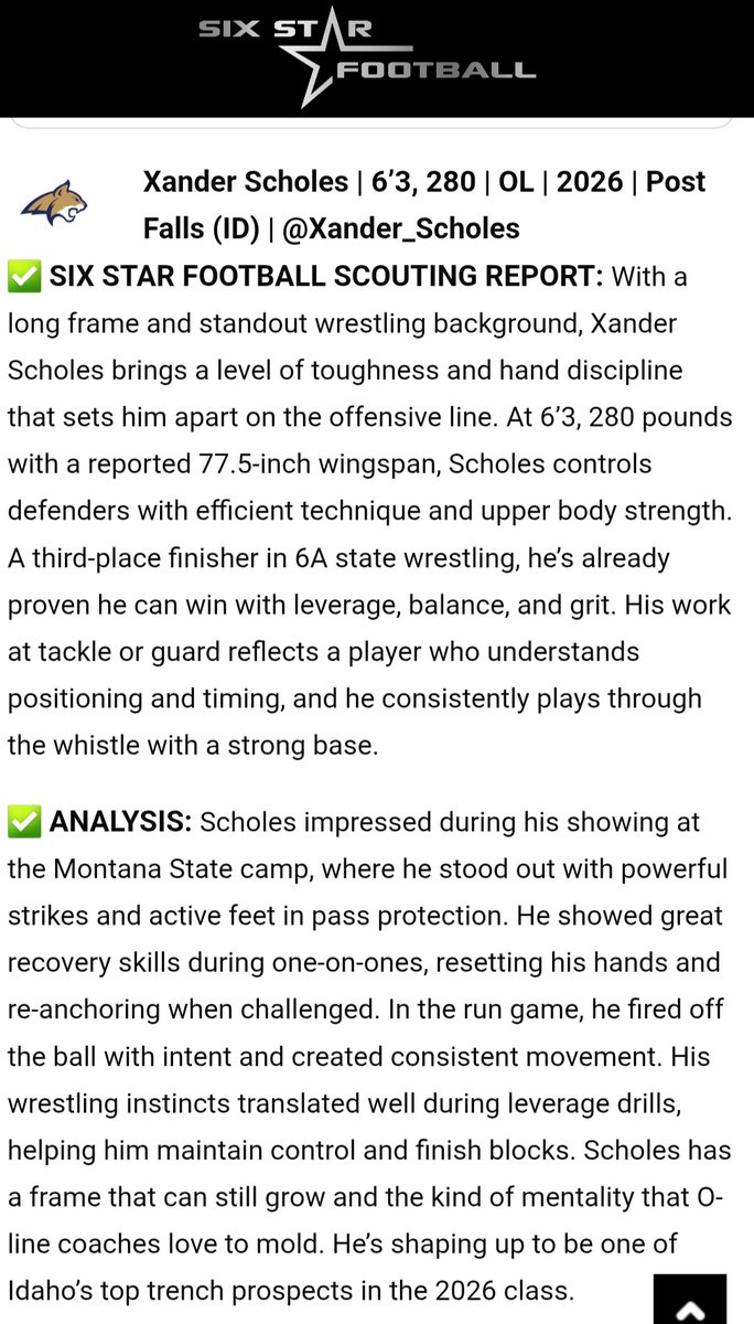 Xander Scholes (@xander_scholes) on Twitter photo Thank you to <a href="/sixstarfootball/">Six Star Football | PLUS+</a> for the write-up from the <a href="/MSUBobcats_FB/">Montana State Football</a> camp. Looking forward to competing at more camps this summer and finding myself a future home to continue my playing career. Thank you to <a href="/sixstarfootball/">Six Star Football | PLUS+</a> for the write-up from the <a href="/MSUBobcats_FB/">Montana State Football</a> camp. Looking forward to competing at more camps this summer and finding myself a future home to continue my playing career.