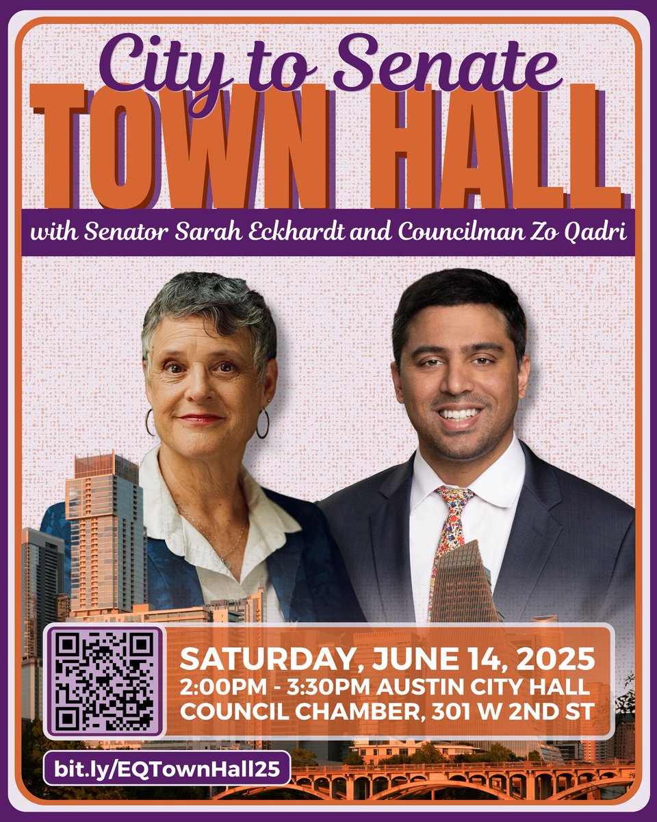In Texas, when our rights are under attack, it’s local officials &amp; Democratic lawmakers who hold the line.

I’m teaming up with <a href="/SarahEckhardtTX/">Senator Sarah Eckhardt</a> for a town hall on what’s at stake &amp; how we move forward.

Join us for a real conversation.
📍Details + RSVP: forms.gle/zAQP3V5xXmWDEF…