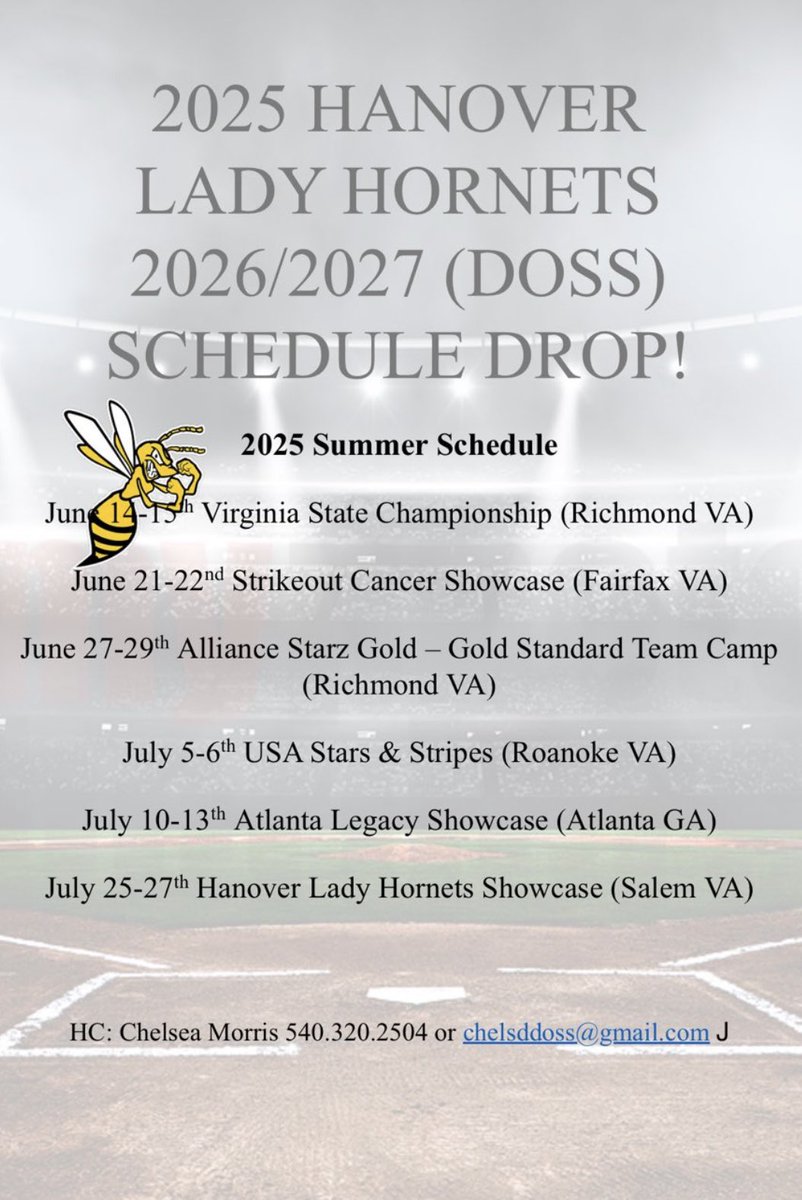 Updated summer schedule! Can’t wait to be back on the field with these girls 🐝 <a href="/Bh2osoftball/">Bridgewater Softball</a> <a href="/MegPlesko9/">Megan Pleskovic</a> <a href="/lynchburg_sb/">Lynchburg Softball</a> <a href="/SUHornetsSB/">Shenandoah University Softball</a> <a href="/GuilfordSB/">Guilford College Softball</a> <a href="/MarymountSball/">Marymount Softball</a> <a href="/CoachShelton18/">Christy Shelton</a> <a href="/Coach_Charissa/">Charissa Duncan</a> <a href="/RMC_Softball/">Randolph-Macon Softball</a> <a href="/RandolphSB/">Randolph College Softball</a> <a href="/VixenSoftball/">Sweet Briar College Softball</a> <a href="/MaryBaldwinU/">Mary Baldwin University</a> <a href="/RoanokeSoftball/">RoanokeSoftball</a> <a href="/UMWSoftball/">UMW Softball</a>