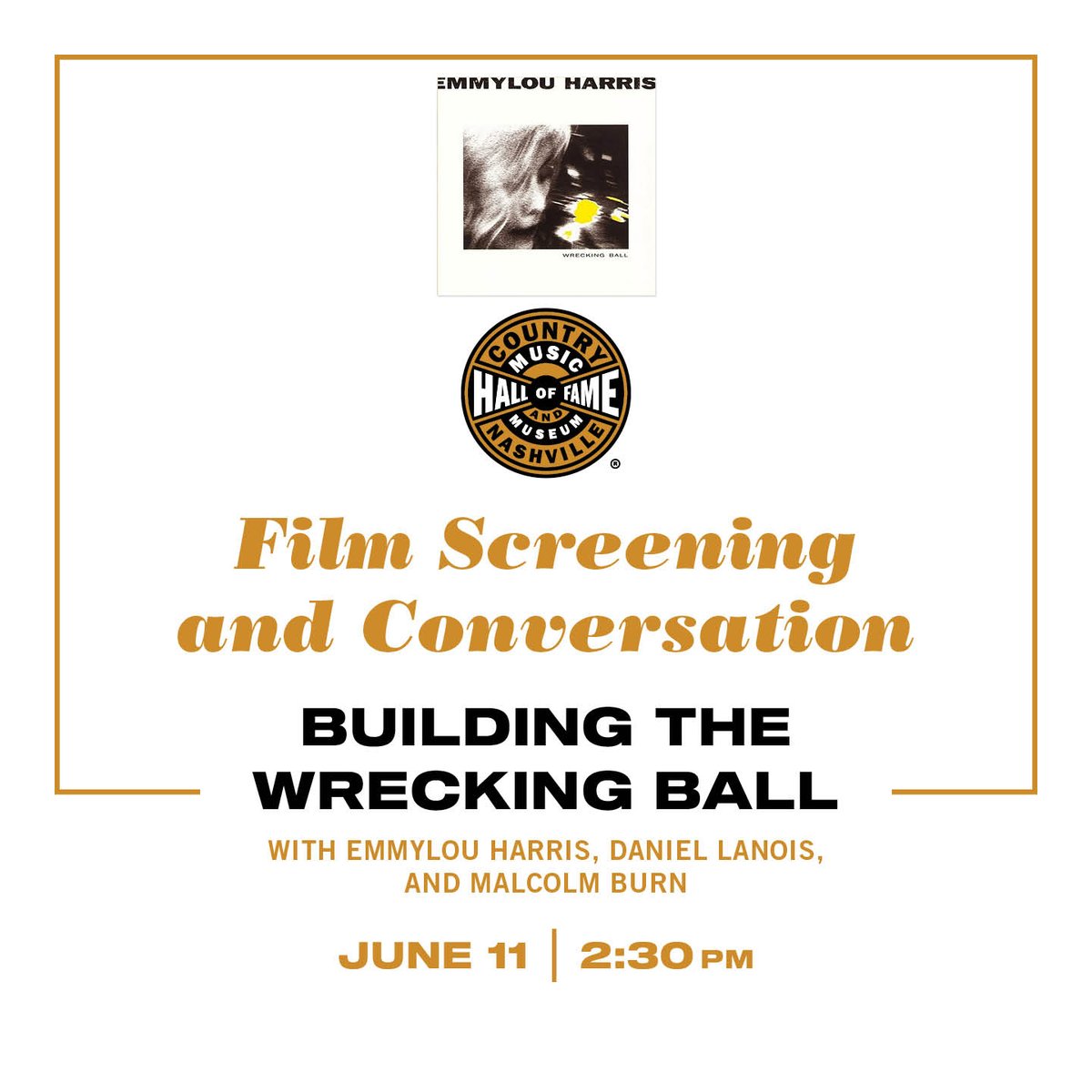 I’ll take the stage at the @CountryMusicHOF on June 11 for a film screening and conversation in celebration of the induction of “Wrecking Ball” into the Recording Academy’s Grammy Hall of Fame in May.Reserve tickets: countrymusichalloffame.org/calendar/film-…