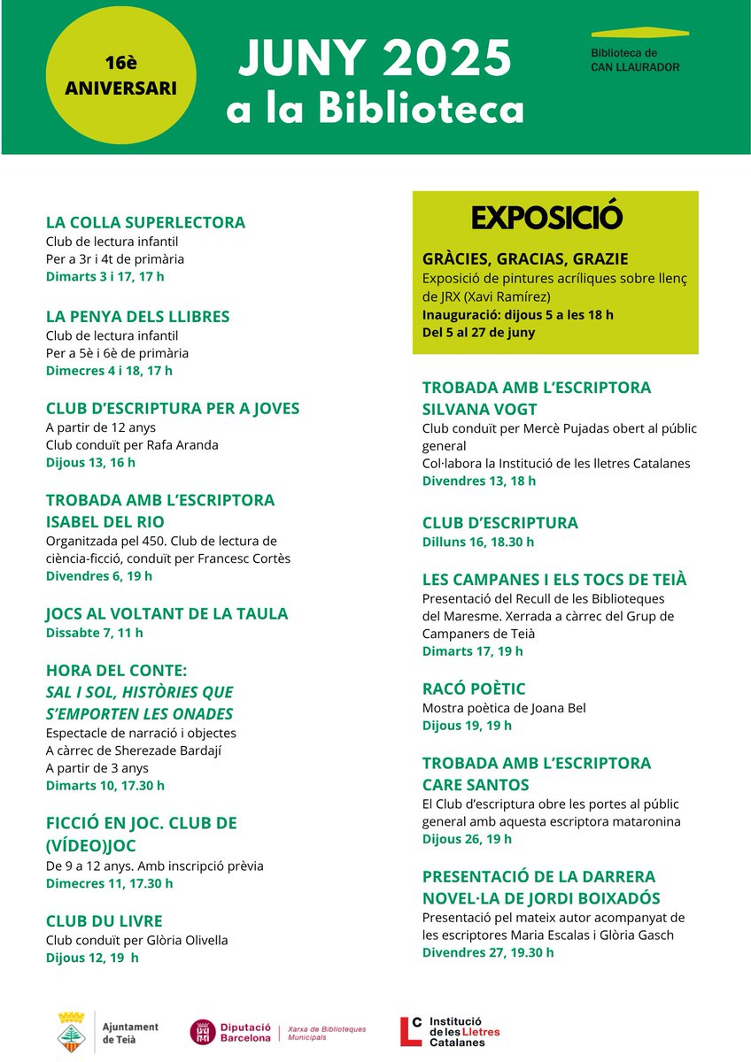 Biblioteca de Can Llaurador (@bteiacl) on Twitter photo 💚𝐀𝐜𝐭𝐢𝐯𝐢𝐭𝐚𝐭𝐬 𝐝𝐞 𝐣𝐮𝐧𝐲 𝐚 𝐥𝐚 𝐛𝐢𝐛𝐥𝐢𝐨𝐭𝐞𝐜𝐚!
#Teià #Cultura #Aniversari
<a href="/ajTeia/">Ajuntament de Teià</a> #bibliosmaresme #bibliotequesXBM 💚𝐀𝐜𝐭𝐢𝐯𝐢𝐭𝐚𝐭𝐬 𝐝𝐞 𝐣𝐮𝐧𝐲 𝐚 𝐥𝐚 𝐛𝐢𝐛𝐥𝐢𝐨𝐭𝐞𝐜𝐚!
#Teià #Cultura #Aniversari
<a href="/ajTeia/">Ajuntament de Teià</a> #bibliosmaresme #bibliotequesXBM