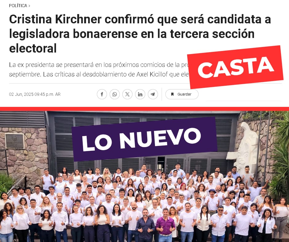 Que distintos somos, hace un mes en Jujuy La Libertad Avanza logro un resultado histórico con todas caras nuevas. Ayer la jefa de la casta anuncia que vuelve a ser candidata para no perder sus privilegios. Siguen sin darse cuenta que la Argentina cambió para siempre.