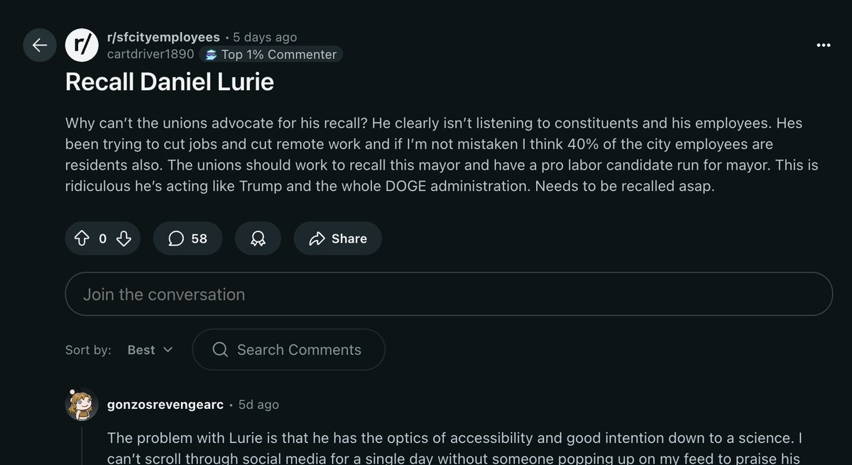 The most active poster in the SF government employee subreddit wants to recall the mayor for asking them to do their jobs.

SF's bureaucracy is a bloated 37k for a population of 809k. That's >100% larger than comparable city-counties.